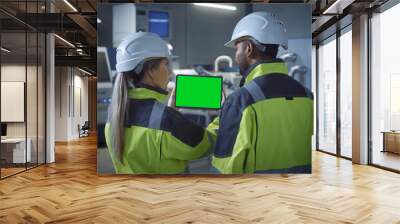 Industry 4.0 Factory: Chief Engineer and Project Supervisor in Safety Vests and Hard Hats, Talk, Use Digital Tablet Computer with Green Screen, Chroma Key. Workshop with Machinery. Wall mural