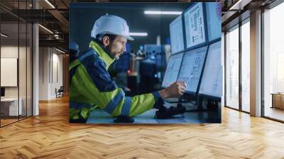 Industry 4.0 Modern Factory: Facility Operator Controls Workshop Production Line, Uses Computer with Screens Showing Complex UI of Machine Operation Processes, Controllers, Machinery Blueprints Wall mural