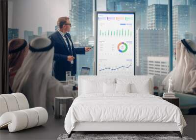 International Manager Holds Meeting Presentation for Saudi Business Partners. Specialist Uses Whiteboard with Growth Analysis, Charts, Statistics and Data. Saudi, Emirati, Arab Office Concept. Wall mural