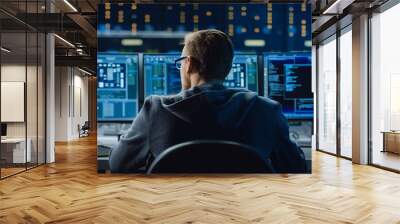 IT Specialist Working on Personal Computer with Monitors Showing Coding Language Program. Technical Room of Data Center with Server Rack. Wall mural