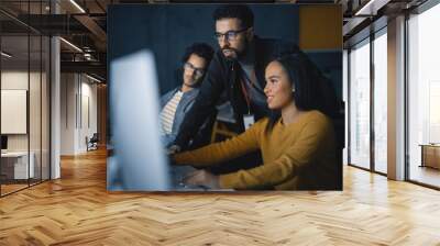 Lecturer Helps Scholar with Project, Advising on Their Work. Teacher Giving Lesson to Diverse Multiethnic Group of Female and Male Students in College Room, Teaching New Academic Skills on a Computer. Wall mural