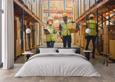 Male and Female Workers Wearing Hard Hats, Have Discussion and Walking Through Retail Warehouse full of Shelves with Goods in Cardboard Boxes. Working in Logistics and Delivery Center. Wall mural