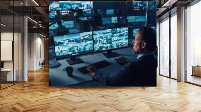 Male Officer Works on a Computer with Surveillance CCTV Video Footage in a Harbour Monitoring Center with Multiple Cameras on a Big Digital Screen. Employees Sit in Front of Displays with Big Data. Wall mural