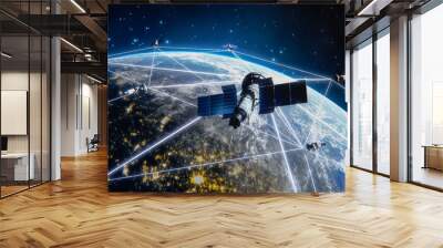 Many Satellites Flying over Earth as Seen from the Space, They Connect and Cover Planet with Digitalization Network of Information. Global Data Grid Connecting Whole World. 3D VFX Rendering Wall mural