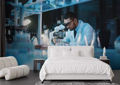 Medical Development Laboratory: Caucasian Female Scientist Looking Under Microscope, Analyzes Petri Dish Sample. Specialists Working on Medicine, Biotechnology Research in Advanced Pharma Lab Wall mural