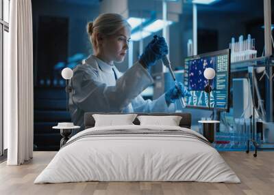 Medical Research Laboratory: Portrait of Female Scientist Working with Samples, using Micro Pipette Analysing Sample. Advanced Scientific Lab for Medicine, Biotechnology, Vaccine Development Wall mural