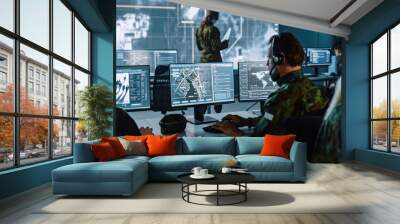 Military Surveillance Officer Working on a City Tracking Operation in a Central Office Hub for Cyber Control and Monitoring for Managing National Security, Technology and Army Communications. Wall mural