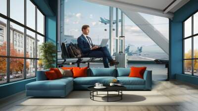 Modern Airport Terminal: Handsome Businessman Working on Laptop Computer While Waiting for His Flight. Man Sitting in a Boarding Lounge of Big Airline Hub with Airplanes Departing and Arriving Wall mural