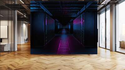 modern data technology center server racks working in dark facility. concept of internet of things,  Wall mural