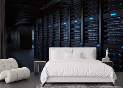 Modern Data Technology Center Server Racks Working in Dark Facility. Concept of Internet of Things, Big Data Protection, Storage, Cryptocurrency Farm, Cloud Computing. 3D Computer Rendered Facility. Wall mural