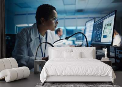 Modern Electronics Research, Development Facility: Black Female Engineer Does Computer Motherboard Soldering. Scientists Design Industrial PCB, Silicon Microchips, Semiconductors. Close-up Shot Wall mural