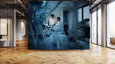 Modern Medical Research Laboratory: Two Scientists Working, Using Digital Tablet, Analyzing Test, Talking. Advanced Scientific Pharmaceutical Lab for Medicine, Biotechnology Development. Evening Time Wall mural