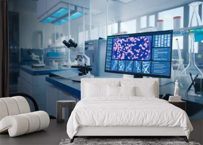 Modern Medical Research Laboratory. Scientific Lab, Drug Engineering Center Full of High-Tech Equipment, Computer Screen Showing DNA concept, Technology for Vaccine Development. Wall mural