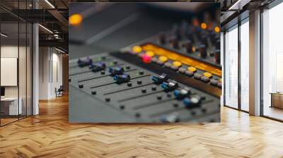 Modern Music Record Studio Control Desk with Equalizer, Mixer and other Professional Equipment. Switchers, Buttons, Faders, Sliders, Motorized Faders Move, Record, Play Hit Song. Close-up  Wall mural