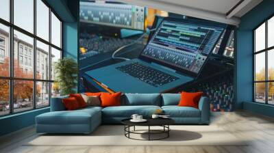 Modern Music Record Studio Control Desk with Laptop Screen Showing User Interface of Digital Audio Workstation Software. Equalizer, Mixer and Professional Equipment. Faders, Sliders. Record. Close-up  Wall mural