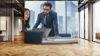 Modern Office: Successful Corporate CEO Sitting at Her Desk Working on Laptop and Consulting Top manager. Businesspeople Discuss Investment in Digital e-Commerce Fintech Startup. Wall mural