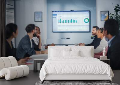 Multi-Ethnic Office Conference Room Meeting: Diverse Team of Managers, Executives Talk, Uses Wall TV with Big Data Analysis, Charts and Infographics. Businesspeople Investing in e Commerce Startup Wall mural