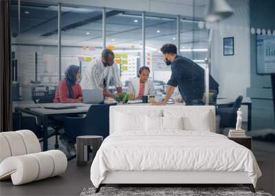 Multi-Ethnic Office Conference Room Meeting: Multicultural Team of Four Creative Entrepreneurs Talk, Discuss Growth Strategy. Diverse Young Businesspeople work on Digital e-Commerce Startup. Wall mural