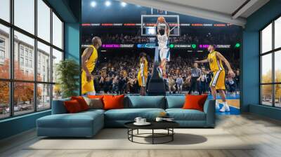 Multiethnic Basketball Player in a White Uniform Catching Pass And Dribbling Past Defence to Score a Skillful Slam Dunk Goal. Cinematic Sports News Channel Shot with Follow Back View. Wall mural