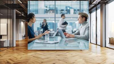 Multiethnic Diverse Office Conference Room Meeting: Team of Two Creative Entrepreneurs Talk, Discuss Growth Strategy. Stylish Young Businesspeople work on Digital e-Commerce Startup Project. Wall mural