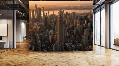 New York City Business Center From Above. Aerial Photo of a Famous Art Deco Skyscraper. Helicopter View on an Impressive Tourist Landmark. Manhattan Panorama with Empire State Building Spire Wall mural