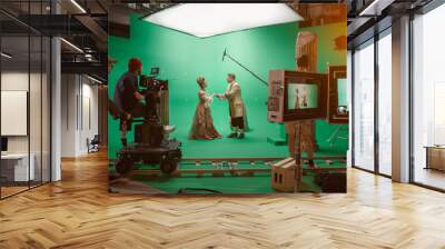 On Big Film Studio Professional Crew Shooting History Costume Drama Movie. On Set: Director Controls Cameraman Shooting Green Screen Scene with Two Actors Talented Wearing Renaissance Clothes Talking Wall mural