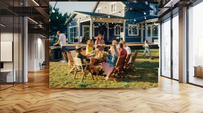 Parents, Children and Friends Gathered at a Barbecue Dinner Table Outside a Beautiful Home. Old and Young People Have Fun, Eat and Drink. Garden Party Celebration in a Backyard. Wall mural