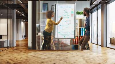 Portrait of a Beautiful Successful Businesswoman Making a Team Presentation in a Meeting Room in Creative Office. Excited Arab Female Discussing a New Project Plan on Digital Whiteboard Display. Wall mural