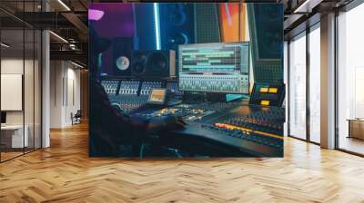 Portrait of Audio Engineer Working in Music Recording Studio, Uses Mixing Board Create Modern Sound. Successful Black Artist Musician Working at Control Desk. Wall mural