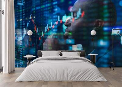 Portrait of Black Stock Market Trader Doing Analysis of Investment Charts, Graphs, Ticker Numbers Projected on His Face. African American Financial Analyst, Entrepreneur Successfully Trading Wall mural