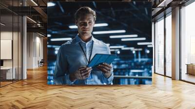 Portrait of Handsome Smiling IT Specialist Using Tablet Computer in Data Center, Looking at Camera. Succesful Male e-Business Engineer Working in Big Server Farm Cloud Computing Facility. Wall mural