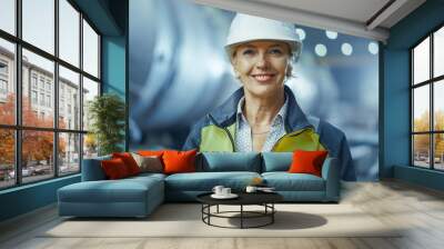 Portrait of Professional Heavy Industry Female Engineer Wearing Safety Uniform and Hard Hat, Smiling Charmingly. In the Background Unfocused Large Industrial Factory where Welding Sparks Flying Wall mural