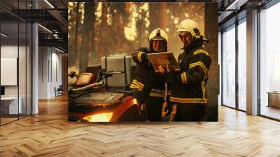 Portrait of Two Professional Firefighters Standing Next to an All-Terrain Vehicle, Using Heavy-Duty Laptop Computer and Figuring Out a Best Strategy for Extinguishing the Wildland Fire. Medium Shot. Wall mural