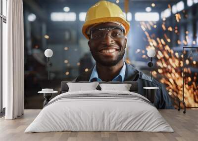 Portrait Shot of Happy Professional Heavy Industry Engineer/Worker Wearing Uniform, Glasses and Hard Hat in Steel Factory and Smiling on Camera. Industrial Specialist in Metal Construction Manufacture Wall mural