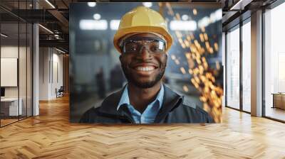 Portrait Shot of Happy Professional Heavy Industry Engineer/Worker Wearing Uniform, Glasses and Hard Hat in Steel Factory and Smiling on Camera. Industrial Specialist in Metal Construction Manufacture Wall mural