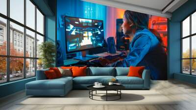 Pretty and Excited Black Gamer Girl Has a Tense Moment in Her First-Person Online Shooter Video Game on Her Computer. Room and PC have Colorful Neon Led Lights. Cozy Evening at Home. Wall mural