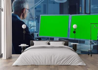 Professional Engineer Works on Computer with Two Green Mock-up Screen Displays. In the Background Industrial Electronics Design Agency. Over the Shoulder Shot Wall mural