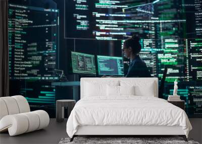 Professional Female Programmer Working in a Monitoring Control Room, Surrounded by Big Screens Displaying Lines of Programming Language Code. Portrait of Woman Creating a Software and Coding Wall mural