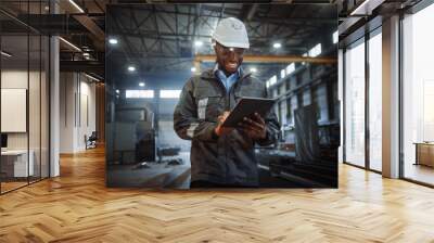 Professional Heavy Industry Engineer/Worker Wearing Safety Uniform and Hard Hat Uses Tablet Computer. Smiling African American Industrial Specialist Walking in a Metal Construction Manufacture. Wall mural