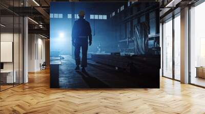 Professional Heavy Industry Engineer/Worker Wearing Uniform, Glasses and Hard Hat in a Steel Factory. Industrial Specialist Walking Away in a Dark Metal Construction Manufacture. Wall mural