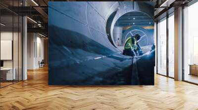 Professional Heavy Industry Welder Working Inside Pipe, Wears Helmet and Starts Welding. Construction of the Oil, Natural Gas and Fuels Transport Pipeline. Industrial Manufacturing Factory. Wall mural