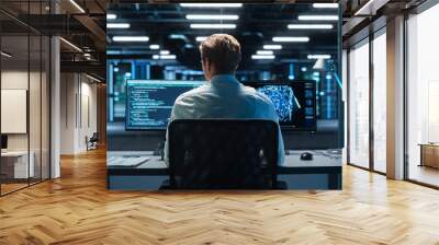 Professional IT Programer Working in Data Center on Desktop Computer with Two Displays, Doing Development of Software and Hardware. Displays Show Blockchain. Data Network Architecture Concept Wall mural