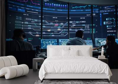 Professional IT Technical Support Specialists and Software Programmer Working on Computers in Monitoring Control Room with Digital Screens with Server Data, Blockchain Network and Surveillance Maps.  Wall mural