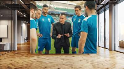 Professional Soccer Team Training, Tactical Coaching: Football Coach Explains Game Strategy, Develop Workout Plan Trainer Motivates Athletes, Leads to Victory, Preparing For Championship. Wall mural