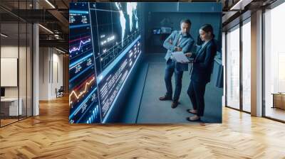 Project Manager and Computer Science Engineer Talk while Using Big Screen Display and a Laptop, Showing Infrastructure Infographics Data. Telecommunications Company System Control and Monitoring Room. Wall mural