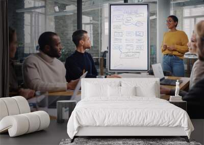 Project Manager Makes a Presentation for a Young Diverse Creative Team in Meeting Room in an Agency. Colleagues Sit Behind Conference Table and Discuss Business Development, User Interface and Design. Wall mural