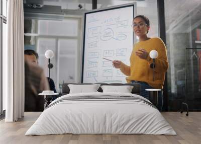 Project Manager Makes a Presentation for a Young Diverse Creative Team in Meeting Room in an Agency. Colleagues Sit Behind Conference Table and Discuss Business Development, User Interface and Design. Wall mural