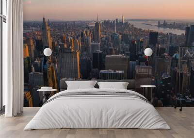 Scenic Aerial New York City Evening View of Lower Manhattan Architecture. Panoramic Downtown Image from a Helicopter at Sunset. Cityscape with Modern Office Buildings and Historic Skyscrapers Wall mural