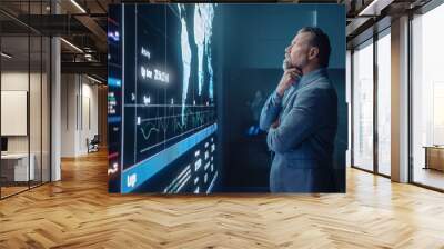 Senior Computer Science Engineer Looking at Big Screen Display Showing Global Map with Data Points. Telecommunications Technology Company System Control and Monitoring Room with Servers. Wall mural