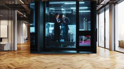 Shot from Outside: Businesswoman and Businessman in a Suit Working on a Tablet Computer in the Office. Manager Standing by the Window. Partners Chat about Financial and Business Development. Wall mural